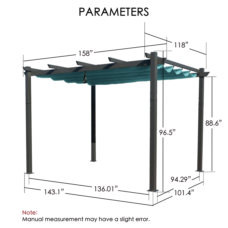 A technical diagram of an outdoor pergola displays its key dimensions. The pergola features a canopy with measurements labeled, including lengths of 158" and 118", and various column heights such as 96.5", 88.6", and 94.29". The base measurements are also provided, like 143.1", 136.01", and 101.4". A note at the bottom indicates that manual measurements may have a slight error. Outdoor Pergola Dimensions: Key Parameters. Outdoor Pergola Dimensions: Key Parameters.