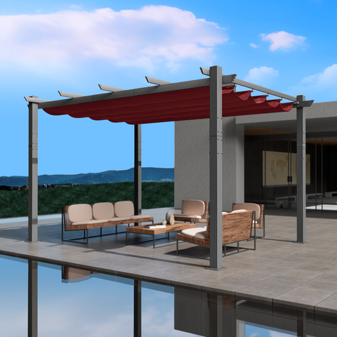 An outdoor pergola with a red canopy is set on a modern, elevated patio area. The pergola features a sleek metal frame and provides shade over a stylish outdoor seating arrangement that includes cushioned wicker furniture and a coffee table. The background showcases a scenic view of distant hills under a partly cloudy sky. Modern Outdoor Pergola with Red Canopy for Relaxing Spaces.outdoor pergola, red canopy, modern patio, metal frame, outdoor seating, wicker furniture.