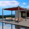 An outdoor pergola with a red canopy is set on a modern, elevated patio area. The pergola features a sleek metal frame and provides shade over a stylish outdoor seating arrangement that includes cushioned wicker furniture and a coffee table. The background showcases a scenic view of distant hills under a partly cloudy sky. Modern Outdoor Pergola with Red Canopy for Relaxing Spaces.outdoor pergola, red canopy, modern patio, metal frame, outdoor seating, wicker furniture.