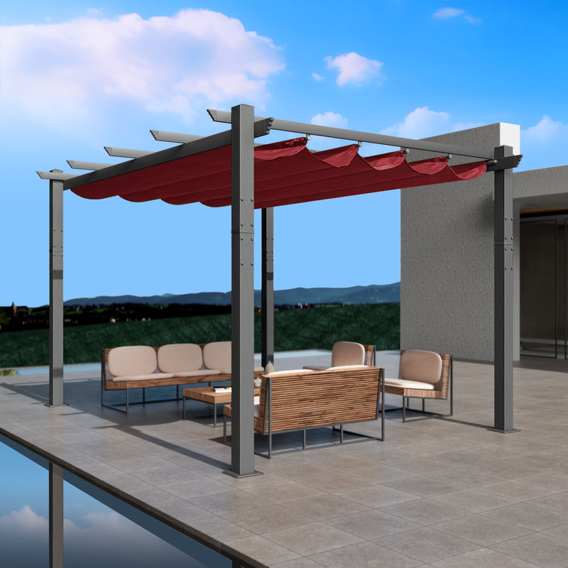 An outdoor pergola with a red canopy is set on a modern, elevated patio area. The pergola features a sleek metal frame and provides shade over a stylish outdoor seating arrangement that includes cushioned wicker furniture and a coffee table. The background showcases a scenic view of distant hills under a partly cloudy sky. Modern Outdoor Pergola with Red Canopy for Relaxing Spaces.outdoor pergola, red canopy, modern patio, metal frame, outdoor seating, wicker furniture.