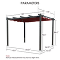 A technical diagram of an outdoor pergola displays its key dimensions. The pergola features a canopy with measurements labeled, including lengths of 158" and 118", and various column heights such as 96.5", 88.6", and 94.29". The base measurements are also provided, like 143.1", 136.01", and 101.4". A note at the bottom indicates that manual measurements may have a slight error. Outdoor Pergola Dimensions: Key Parameters. Outdoor Pergola Dimensions: Key Parameters.