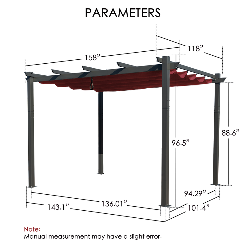 A technical diagram of an outdoor pergola displays its key dimensions. The pergola features a canopy with measurements labeled, including lengths of 158" and 118", and various column heights such as 96.5", 88.6", and 94.29". The base measurements are also provided, like 143.1", 136.01", and 101.4". A note at the bottom indicates that manual measurements may have a slight error. Outdoor Pergola Dimensions: Key Parameters. Outdoor Pergola Dimensions: Key Parameters.