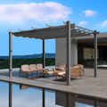 An outdoor pergola with a gray canopy is set on a modern, elevated patio area. The pergola features a sleek metal frame and provides shade over a stylish outdoor seating arrangement that includes cushioned wicker furniture and a coffee table. The background showcases a scenic view of distant hills under a partly cloudy sky. Modern Outdoor Pergola with Gray Canopy for Relaxing Spaces.outdoor pergola, gray canopy, modern patio, metal frame, outdoor seating, wicker furniture.