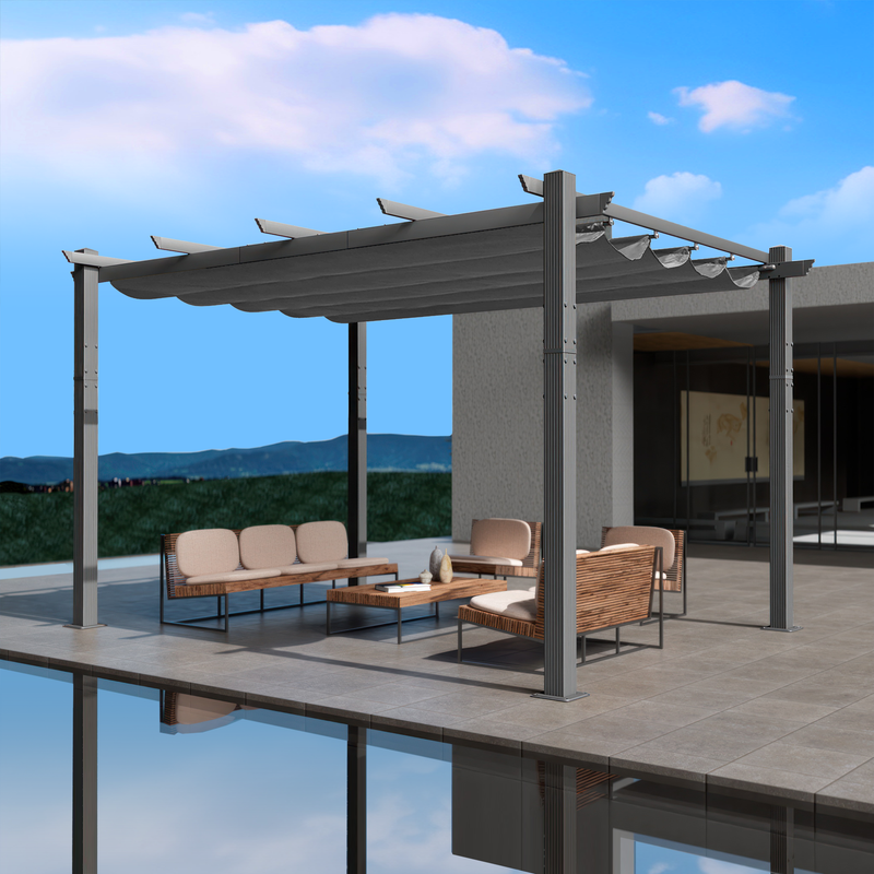 An outdoor pergola with a gray canopy is set on a modern, elevated patio area. The pergola features a sleek metal frame and provides shade over a stylish outdoor seating arrangement that includes cushioned wicker furniture and a coffee table. The background showcases a scenic view of distant hills under a partly cloudy sky. Modern Outdoor Pergola with Gray Canopy for Relaxing Spaces.outdoor pergola, gray canopy, modern patio, metal frame, outdoor seating, wicker furniture.