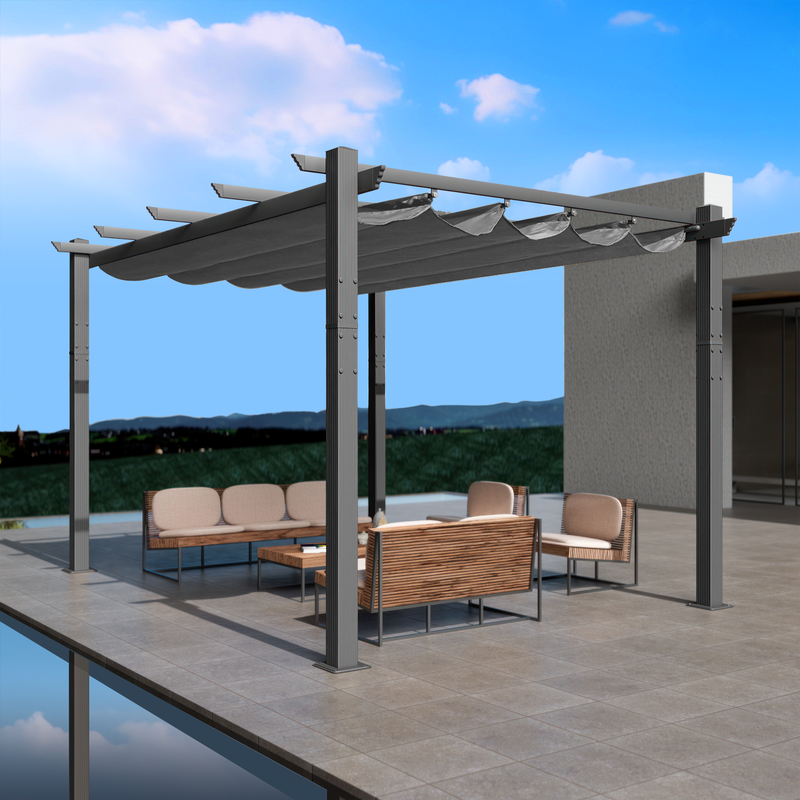 An outdoor pergola with a gray canopy is set on a modern, elevated patio area. The pergola features a sleek metal frame and provides shade over a stylish outdoor seating arrangement that includes cushioned wicker furniture and a coffee table. The background showcases a scenic view of distant hills under a partly cloudy sky. Modern Outdoor Pergola with Gray Canopy for Relaxing Spaces.outdoor pergola, gray canopy, modern patio, metal frame, outdoor seating, wicker furniture.