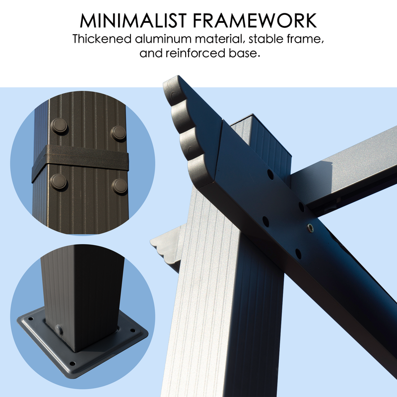 This image showcases the minimalist framework of an outdoor pergola. It features close - up views of the pergola's components, highlighting the thickened aluminum material. The top - left inset shows a section of the frame with bolts, while the bottom - left inset focuses on the reinforced base. The main image displays a corner of the pergola frame, emphasizing its stable structure. The text states that the pergola uses thickened aluminum material, has a stable frame, and a reinforced base. Outdoor Pergola