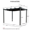 A technical diagram of an outdoor pergola displays its key dimensions. The pergola features a canopy with measurements labeled, including lengths of 158" and 118", and various column heights such as 96.5", 88.6", and 94.29". The base measurements are also provided, like 143.1", 136.01", and 101.4". A note at the bottom indicates that manual measurements may have a slight error. Outdoor Pergola Dimensions: Key Parameters. Outdoor Pergola Dimensions: Key Parameters.