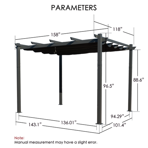 A technical diagram of an outdoor pergola displays its key dimensions. The pergola features a canopy with measurements labeled, including lengths of 158" and 118", and various column heights such as 96.5", 88.6", and 94.29". The base measurements are also provided, like 143.1", 136.01", and 101.4". A note at the bottom indicates that manual measurements may have a slight error. Outdoor Pergola Dimensions: Key Parameters. Outdoor Pergola Dimensions: Key Parameters.