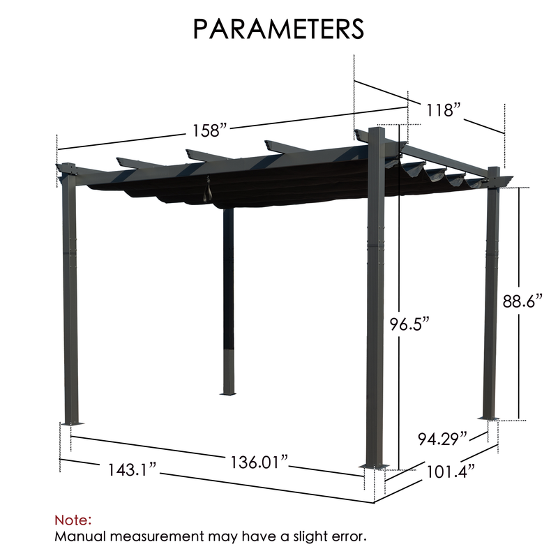 A technical diagram of an outdoor pergola displays its key dimensions. The pergola features a canopy with measurements labeled, including lengths of 158" and 118", and various column heights such as 96.5", 88.6", and 94.29". The base measurements are also provided, like 143.1", 136.01", and 101.4". A note at the bottom indicates that manual measurements may have a slight error. Outdoor Pergola Dimensions: Key Parameters. Outdoor Pergola Dimensions: Key Parameters.