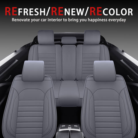 Title: Refresh Your Car with Gray Leather Seat Covers  
Alt Text: Gray leather car seat covers on front and rear seats, designed to refresh, renew, and recolor your car interior for daily happiness.  
Keywords: car seat covers, gray leather, car interior refresh, renew car seats, automotive accessories, interior upgrade