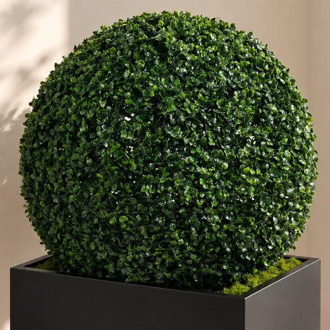 Kozyard artificial topiary ball with dense realistic green foliage, designed as a maintenance-free faux boxwood plant for indoor and outdoor decor. This decorative greenery adds a fresh, natural look to patios, porches, entryways, gardens, balconies, offices and living rooms without watering or trimming. Ideal for planters, pots and modern landscape accents.