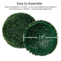 Two artificial topiary balls, each with a diameter of 19 inches, shown with one partially disassembled to reveal its internal structure. They are easy to assemble, requiring no watering or maintenance, perfect for adding greenery indoors or outdoors. Artificial Topiary Balls - Easy to Assemble Faux Green Spheres.  Artificial Topiary Balls - Easy to Assemble Faux Green Spheres. Artificial topiary balls, faux green plant spheres, easy to assemble.
