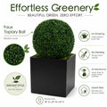Kozyard faux topiary ball with realistic dense green foliage for effortless indoor and outdoor decorating. This artificial boxwood plant requires no watering, trimming or routine maintenance while providing year-round greenery for patios, porches, gardens, entryways, offices and living spaces. 19 inch decorative topiary ball pairs well with approximately 20 inch planters for a polished look.
