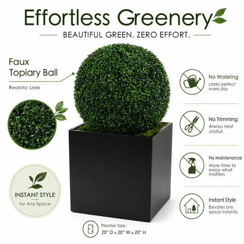 Kozyard faux topiary ball with realistic dense green foliage for effortless indoor and outdoor decorating. This artificial boxwood plant requires no watering, trimming or routine maintenance while providing year-round greenery for patios, porches, gardens, entryways, offices and living spaces. 19 inch decorative topiary ball pairs well with approximately 20 inch planters for a polished look.