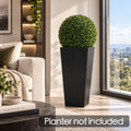 Kozyard faux topiary ball in a tall decorative planter, featuring dense realistic artificial boxwood greenery for stylish indoor and outdoor spaces. This maintenance-free artificial plant provides a natural green accent without watering, trimming or wilting, making it ideal for living rooms, entrances, offices, patios, porches and modern landscaping. Planter shown for display and not included.
