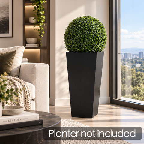 Kozyard faux topiary ball in a tall decorative planter, featuring dense realistic artificial boxwood greenery for stylish indoor and outdoor spaces. This maintenance-free artificial plant provides a natural green accent without watering, trimming or wilting, making it ideal for living rooms, entrances, offices, patios, porches and modern landscaping. Planter shown for display and not included.