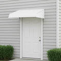 Kozyard door and window awning with aluminum frame and dual integrated side panels installed above an exterior door; durable PVC cover provides rain, snow, and UV protection for home entrances, patios, and windows.