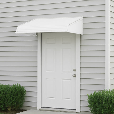 Kozyard door and window awning with aluminum frame and dual integrated side panels installed above an exterior door; durable PVC cover provides rain, snow, and UV protection for home entrances, patios, and windows.