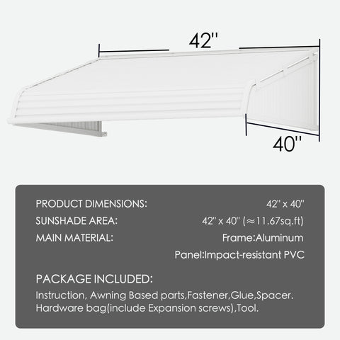 Kozyard 42 x 40 inch window and door awning with durable aluminum frame and high-strength PVC panels, adjustable installation angle, detailed size diagram showing 42-inch width and 40-inch depth, outdoor rain snow sun protection canopy for home entryways, patios, and AC or EV charger coverage.