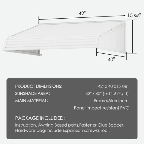 Kozyard 42 x 40 inch window and door awning with durable aluminum frame and high-strength PVC panels, adjustable installation angle, detailed size diagram showing 42-inch width and 40-inch depth, outdoor rain snow sun protection canopy for home entryways, patios, and AC or EV charger coverage.