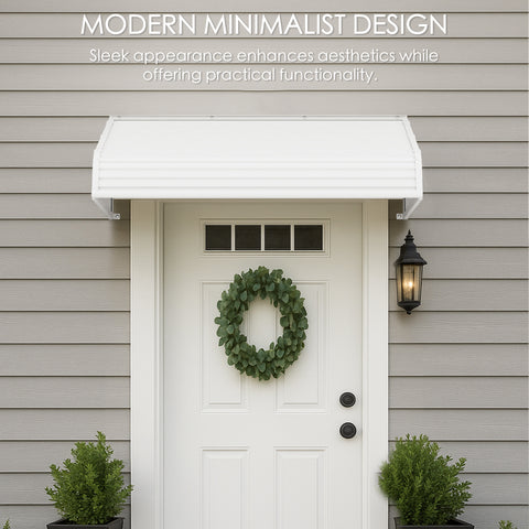 Kozyard modern minimalist door awning installed above a white front door on a gray siding home, featuring aluminum frame and durable PVC panels for rain, snow, and UV protection—enhances curb appeal and keeps entrances dry