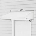 Kozyard 42 x 40 inch door window awning with side panels installed above exterior door, aluminum frame and PVC cover providing rain snow UV protection, outdoor house siding mount.