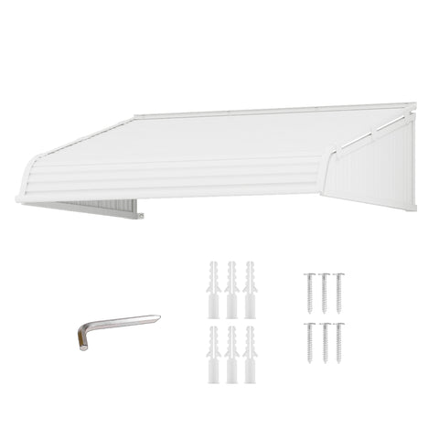 Kozyard 42x40 inch door window awning with aluminum frame and premium PVC cover, fixed installation angle canopy shown with mounting hardware, expansion anchors and screws, providing rain, snow and sun protection for home entryways, patios, and windows.