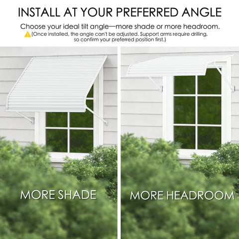 Kozyard adjustable window awning showing two installation angles — a low-tilt awning for more shade and a high-tilt awning for increased headroom. Durable aluminum-frame door and window awning with PVC panels for sun, rain, and snow protection.
