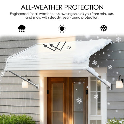 Kozyard all-weather window awning showing rain, sun, and snow protection; durable aluminum frame and PVC panels shielding a home entrance from harsh weather conditions.