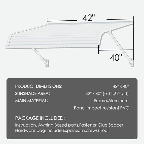 Kozyard 42 x 40 inch window and door awning with durable aluminum frame and high-strength PVC panels, adjustable installation angle, detailed size diagram showing 42-inch width and 40-inch depth, outdoor rain snow sun protection canopy for home entryways, patios, and AC or EV charger coverage.