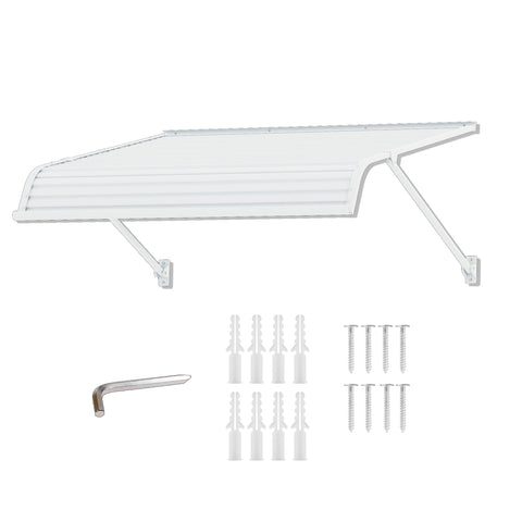 Kozyard white outdoor door awning installed above a front entry door, durable aluminum frame and PVC cover providing rain, snow, and sun protection for home entrances, windows, patio, and porch areas.