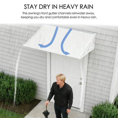 kozyard door window awning rain protection canopy, designed with integrated front gutter to channel rainwater away, keeps entryway dry in heavy rain, outdoor weatherproof awning made of UV-resistant polycarbonate panel and reinforced aluminum frame