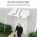 kozyard door window awning rain protection canopy, designed with integrated front gutter to channel rainwater away, keeps entryway dry in heavy rain, outdoor weatherproof awning made of UV-resistant polycarbonate panel and reinforced aluminum frame
