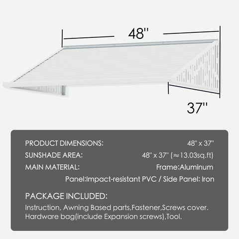 Kozyard 48 x 40 inch window and door awning with durable aluminum frame and high-strength PVC panels, adjustable installation angle, detailed size diagram showing 48-inch width and 40-inch depth, outdoor rain snow sun protection canopy for home entryways, patios, and AC or EV charger coverage.
