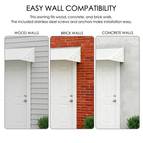 kozyard door window awning outdoor canopy, designed for wood brick and concrete walls, easy wall compatibility with included stainless steel screws and anchors, modern weather protection awning featuring UV-resistant polycarbonate panel and sturdy aluminum alloy frame