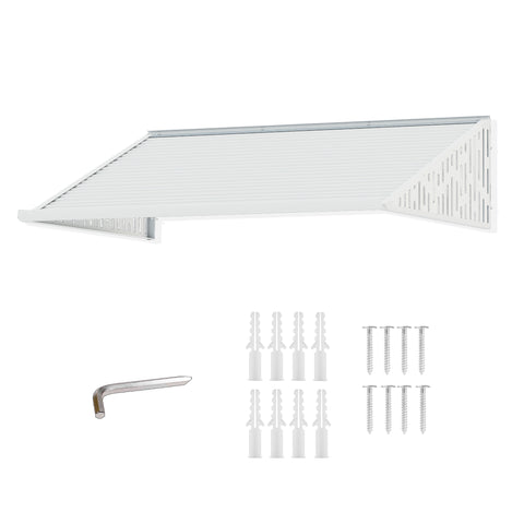 Kozyard 48x40 inch door window awning with aluminum frame and premium PVC cover, fixed installation angle canopy shown with mounting hardware, expansion anchors and screws, providing rain, snow and sun protection for home entryways, patios, and windows.