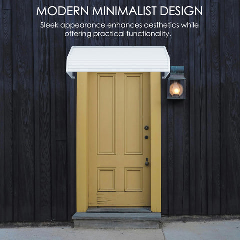 Kozyard 48x40 inch door awning with integrated side panels installed above a modern yellow front door, featuring an aluminum frame and premium PVC cover for rain, snow, and sun protection on home entryways.