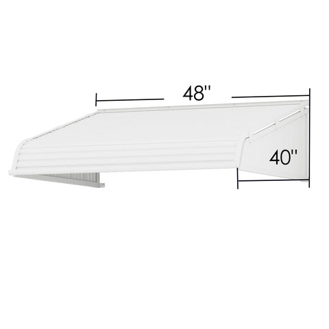 Kozyard 48x40 inch door and window awning with integrated side panels, durable aluminum frame, premium PVC cover, exterior rain snow sun protection canopy for entry doors, windows, patios – white outdoor protective awning with size dimensions labeled 48'' x 40''