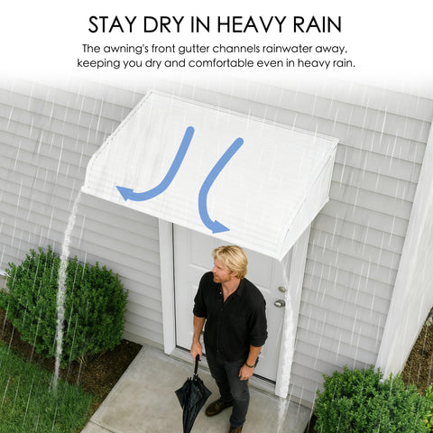 kozyard door window awning rain protection canopy, designed with integrated front gutter to channel rainwater away, keeps entryway dry in heavy rain, outdoor weatherproof awning made of UV-resistant polycarbonate panel and reinforced aluminum frame