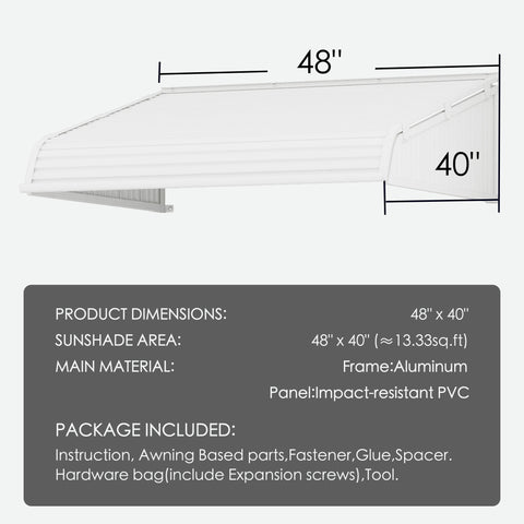 Kozyard 48 x 40 inch window and door awning with durable aluminum frame and high-strength PVC panels, adjustable installation angle, detailed size diagram showing 48-inch width and 40-inch depth, outdoor rain snow sun protection canopy for home entryways, patios, and AC or EV charger coverage.