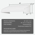 Kozyard 48 x 40 inch window and door awning with durable aluminum frame and high-strength PVC panels, adjustable installation angle, detailed size diagram showing 48-inch width and 40-inch depth, outdoor rain snow sun protection canopy for home entryways, patios, and AC or EV charger coverage.