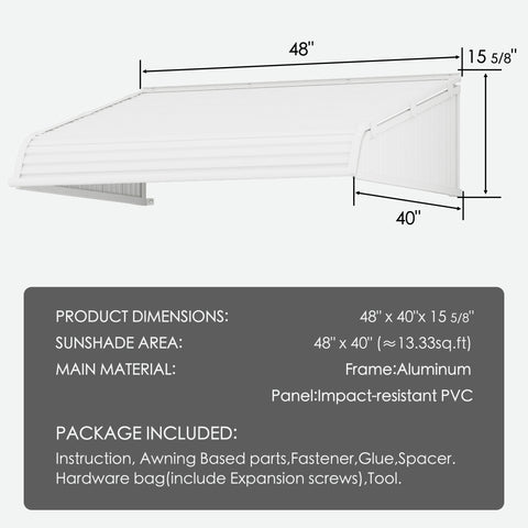 Kozyard 48 x 40 inch window and door awning with durable aluminum frame and high-strength PVC panels, adjustable installation angle, detailed size diagram showing 48-inch width and 40-inch depth, outdoor rain snow sun protection canopy for home entryways, patios, and AC or EV charger coverage.