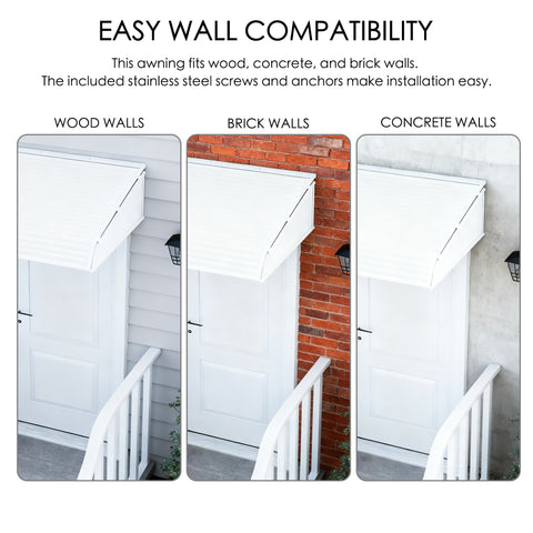 kozyard door window awning outdoor canopy, designed for wood brick and concrete walls, easy wall compatibility with included stainless steel screws and anchors, modern weather protection awning featuring UV-resistant polycarbonate panel and sturdy aluminum alloy frame