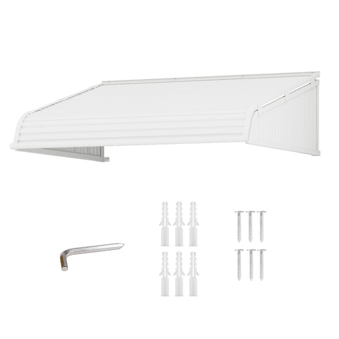 Kozyard 48x40 inch door window awning with aluminum frame and premium PVC cover, fixed installation angle canopy shown with mounting hardware, expansion anchors and screws, providing rain, snow and sun protection for home entryways, patios, and windows.