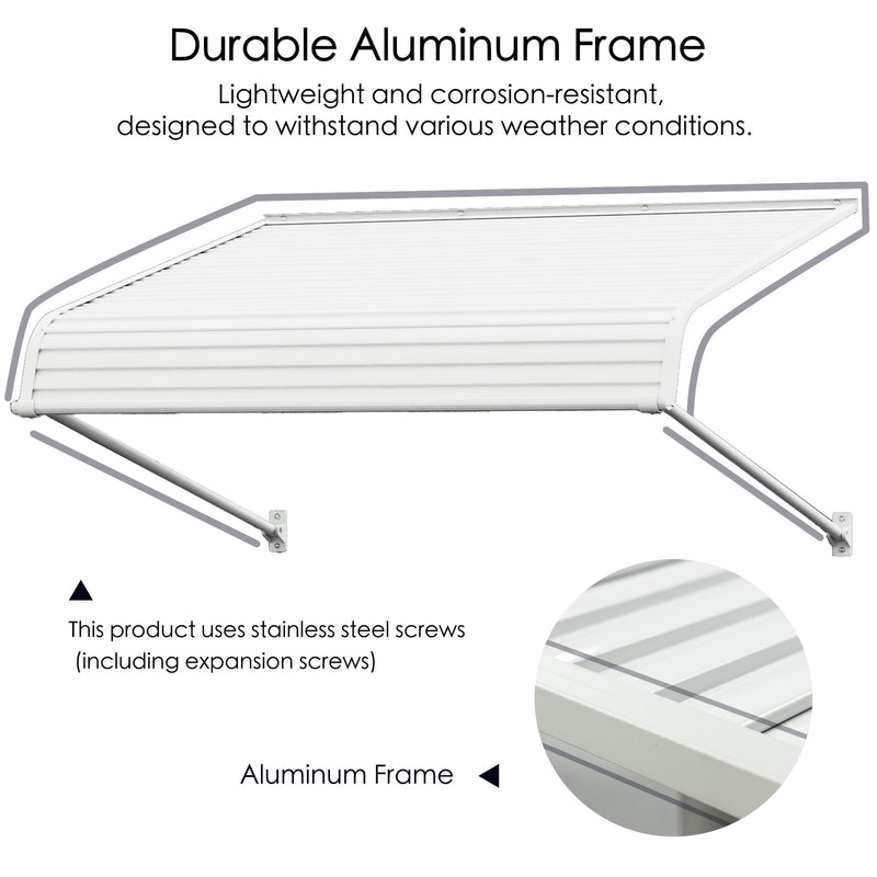 "Kozyard Patio Awning 40''x48'' with durable aluminum frame, white canopy, corrosion-resistant, weatherproof design, stainless steel screws for rain and sun protection.