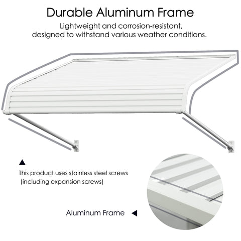 Kozyard aluminum window awning with impact-resistant PVC panels, stainless steel expansion screws, and corrosion-resistant aluminum frame shown in a detailed close-up, highlighting durable construction for weather protection, rain and sun shading for doors and windows.