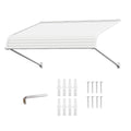 Kozyard 48x40 inch door window awning with aluminum frame and premium PVC cover, fixed installation angle canopy shown with mounting hardware, expansion anchors and screws, providing rain, snow and sun protection for home entryways, patios, and windows.
