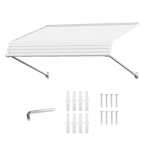 Kozyard 48x40 inch door window awning with aluminum frame and premium PVC cover, fixed installation angle canopy shown with mounting hardware, expansion anchors and screws, providing rain, snow and sun protection for home entryways, patios, and windows.