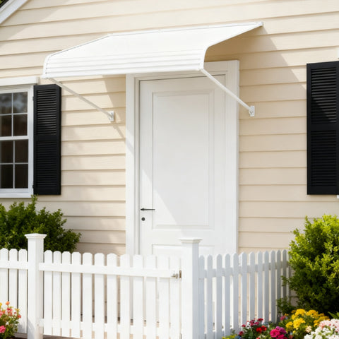 Kozyard white outdoor door awning installed above a front entry door, durable aluminum frame and PVC cover providing rain, snow, and sun protection for home entrances, windows, patio, and porch areas.