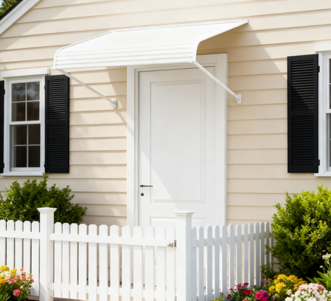 Kozyard 48x40 inch white outdoor door awning installed above a front entry door, durable aluminum frame and PVC cover providing rain, snow, and sun protection for home entrances, windows, patio, and porch areas.
